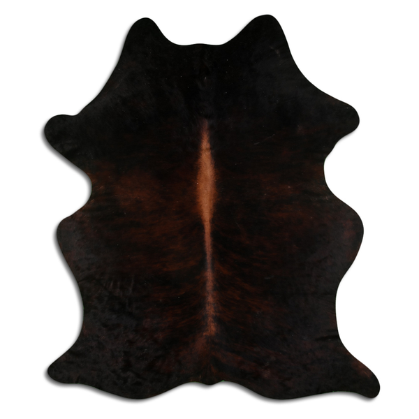 Medium brindle cowhide with natural hair, dark brown and black patch pattern
