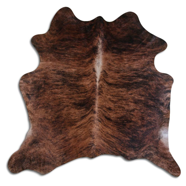 Hair-on cowhide rug, medium brindle brown hide with irregular patch pattern