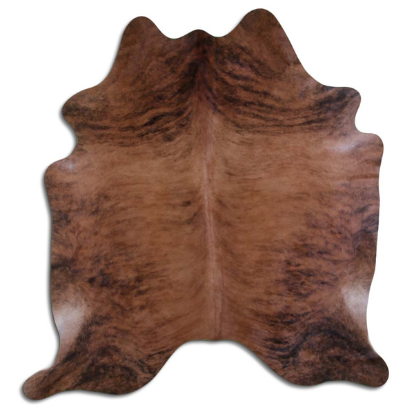 Brindle cowhide rug with natural hair, irregular hide shape, dark brown and tan tones