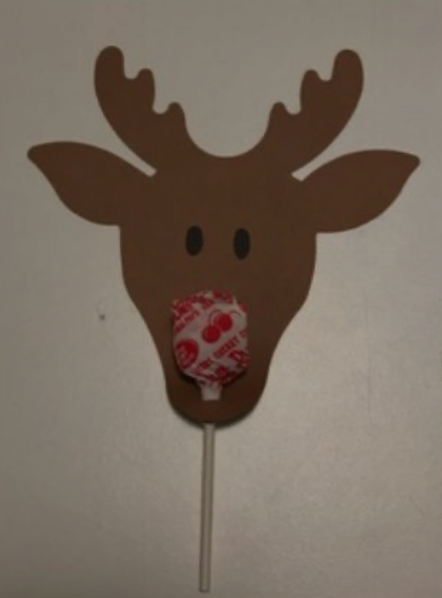 Brown foam deer head cut-out with antlers, two black eyes, on a stick stake