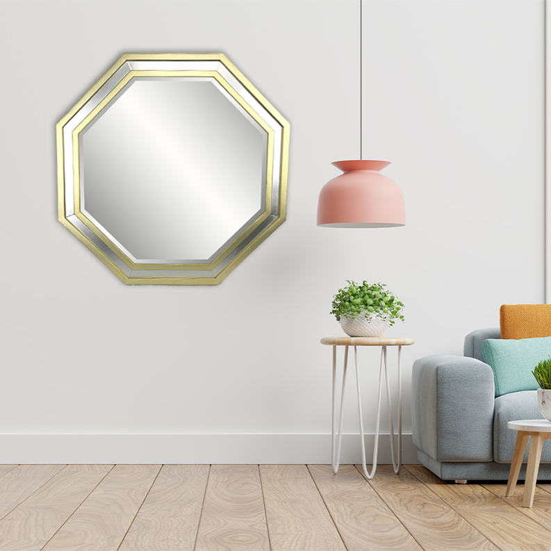Octagon wall mirror with gold double-trim frame and beveled reflective glass