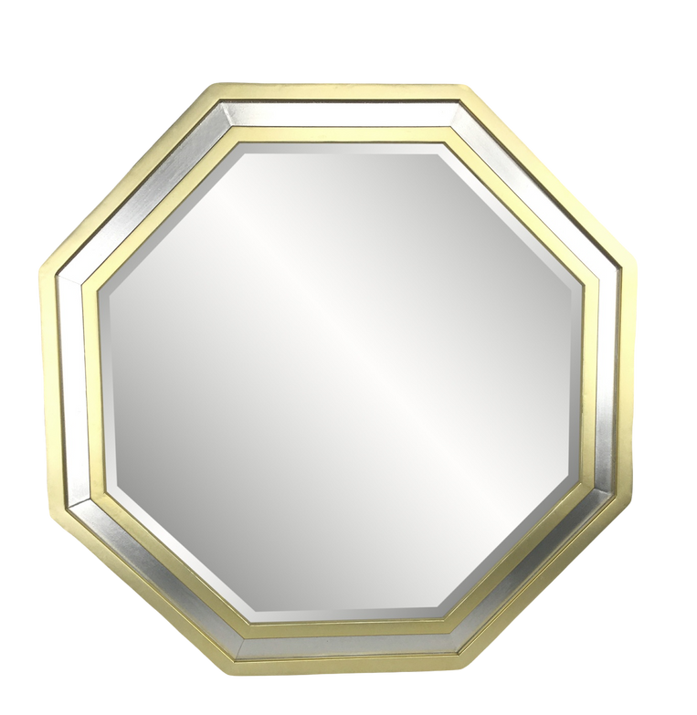 Octagon wall mirror close-up with gold metal frame and reflective gray glass center