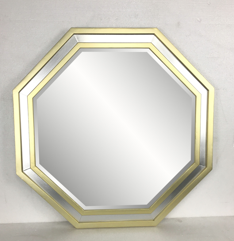 Octagon wall mirror with gold geometric frame and silver reflective panel