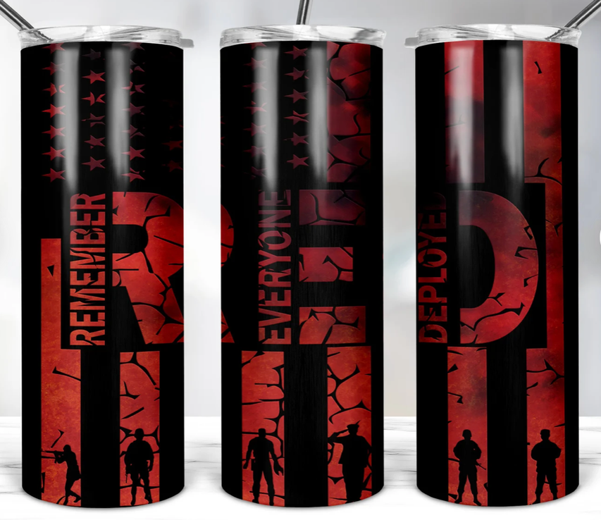 Stainless steel tumbler with black and red graphic and matching lid