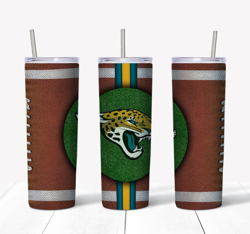 Stainless steel tumbler with lid and straw, brown textured sides, football graphic patch and stripes