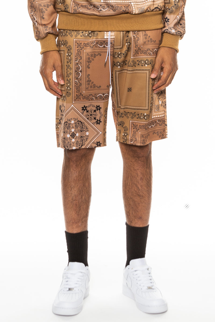 Khaki paisley all-over print shorts with patch pockets
