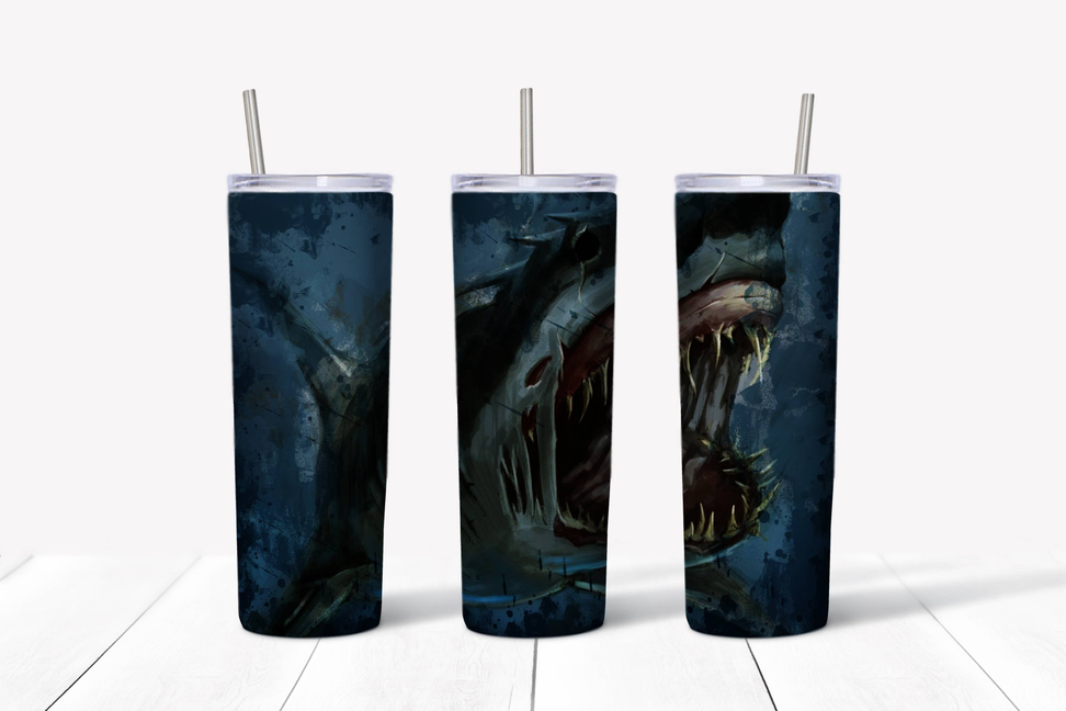 Blue stainless steel tumbler with lid and straw, fantasy dragon graphic, wrap design