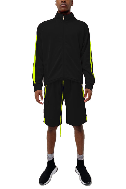 Black cargo short set with neon yellow stripe track jacket and matching shorts