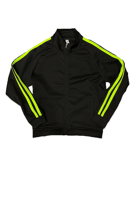 Black full-zip track jacket with neon yellow stripe sleeves