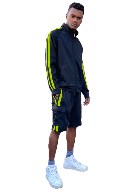 Navy cargo short set with neon yellow stripe track jacket and matching cargo shorts