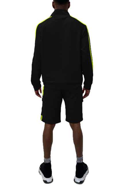 Black track jacket and cargo shorts set with neon yellow stripe detailing on the back