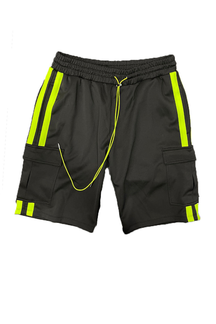 Black cargo shorts with elastic waist, drawstring, pockets, and neon yellow stripe trim