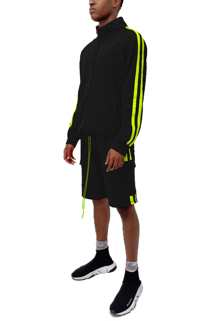 Black track jacket and cargo shorts set with neon yellow stripe side panels