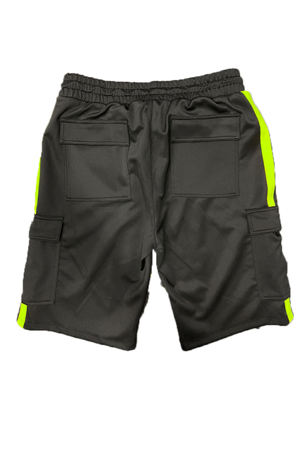 Dark gray cargo shorts with elastic waist, drawstring, and neon yellow stripe accents