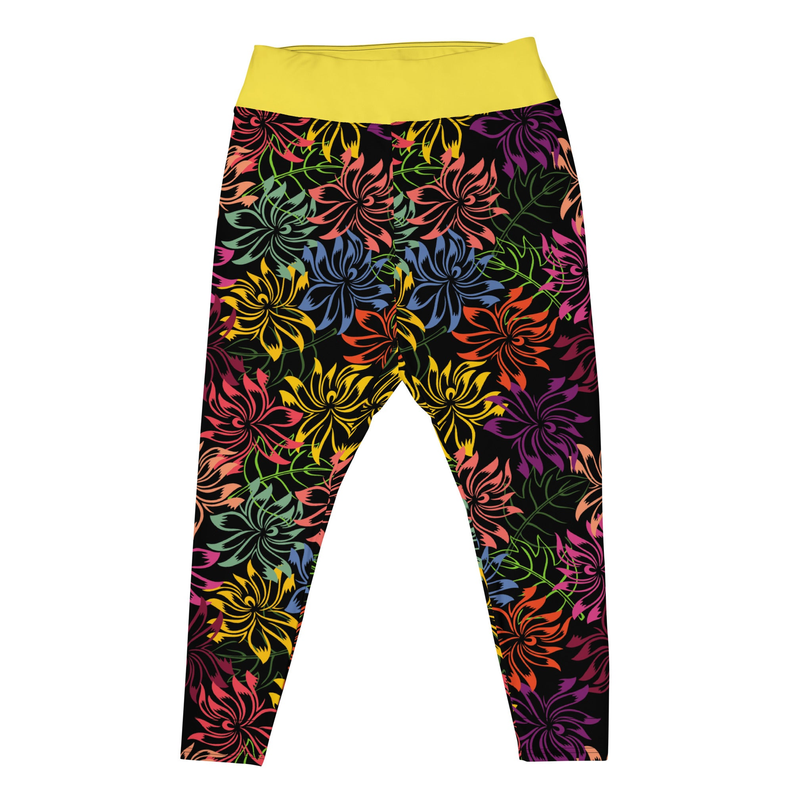 Floral print leggings with multicolor leaves and dark purple base, wide yellow waistband