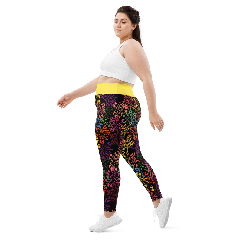 Floral print leggings in dark purple with multicolor foliage, yellow-green waistband