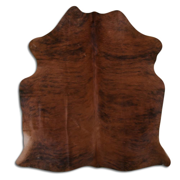 Medium brindle cowhide rug with natural hair, irregular shape, dark brown hide