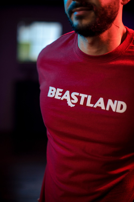 Red Beastland T-shirt with white BEASTLAND chest print, crew neck
