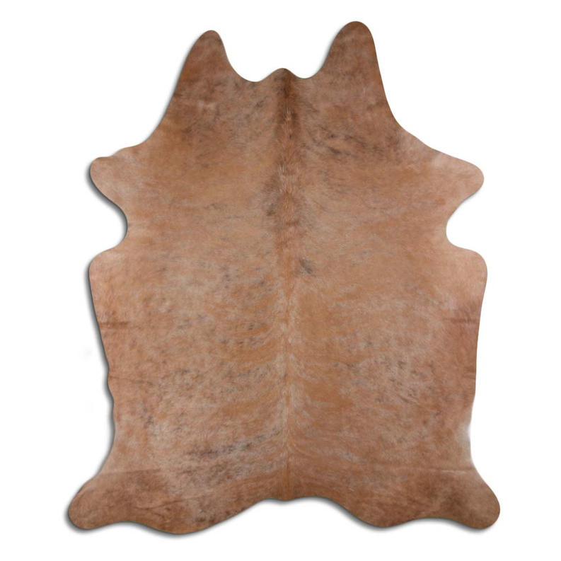 Brindle cowhide rug with natural fur texture, irregular hide shape