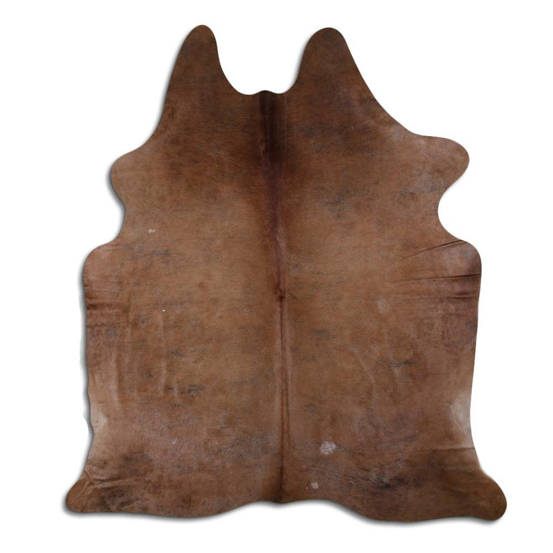 Brown cowhide rug with natural hair, split seam across the center