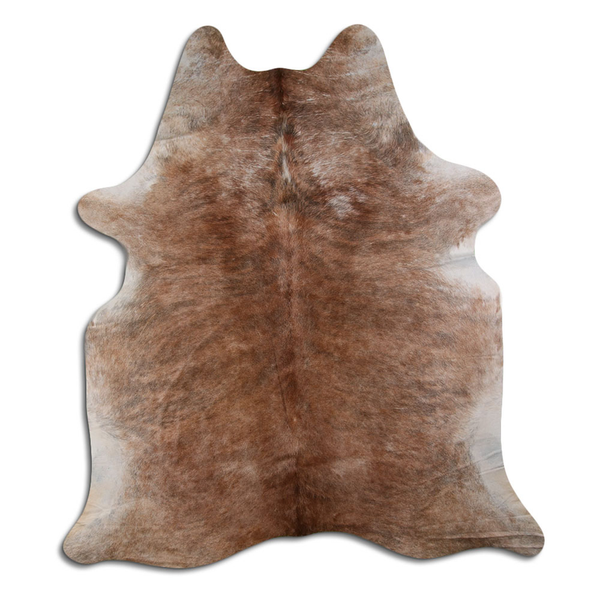 Medium brindle cowhide rug with natural hair, irregular hide pattern
