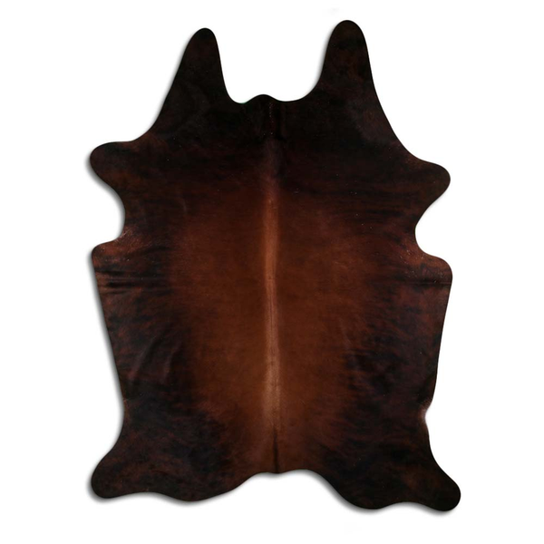 Natural cowhide rug with medium brindle hair pattern, dark brown and tan hide