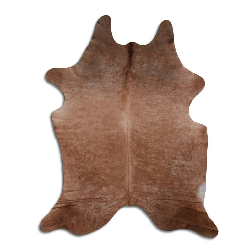 Cowhide rug with short hair, brown and tan brindle pattern, natural irregular edges.