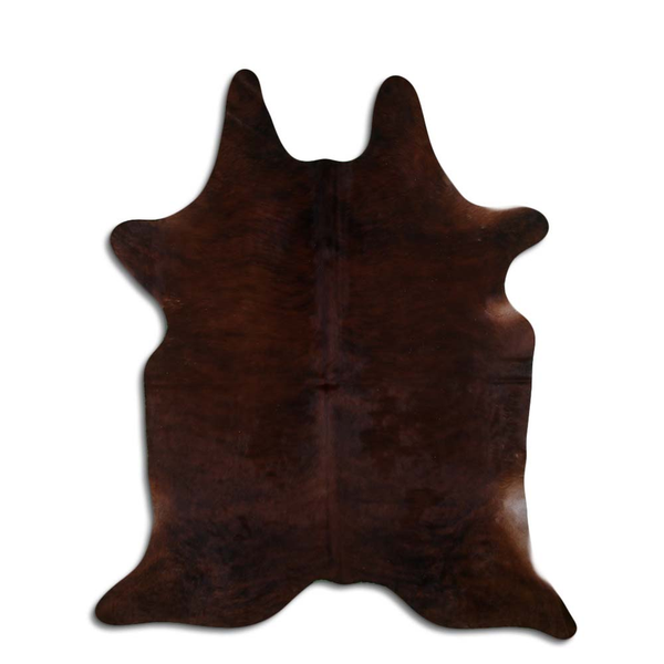Dark brindle cowhide rug with natural hair and irregular hide edges