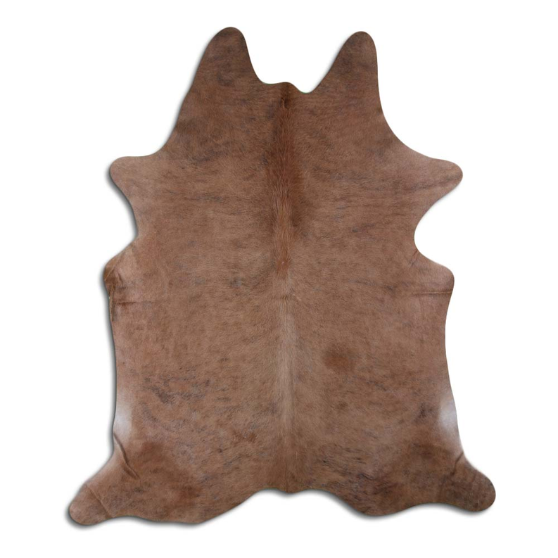 Natural cowhide rug with short hair, mottled brown and tan hide pattern, irregular edges