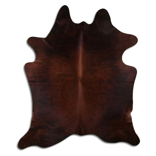 Medium brindle hair-on cowhide rug, dark brown natural hide pattern.