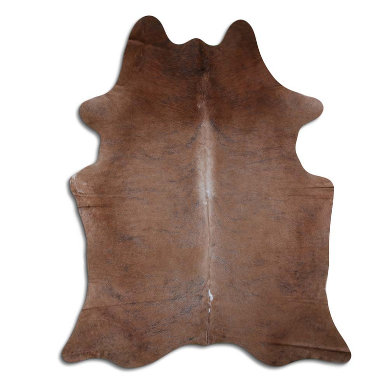 Brindle cowhide rug with natural hair, irregular hide pattern