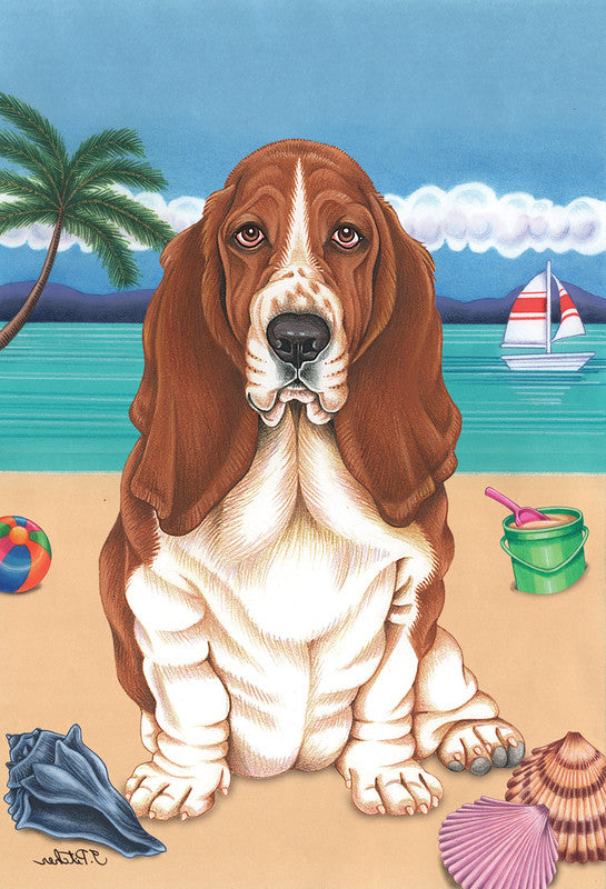 Outdoor beach flag featuring a brown and white Basset Hound with shells and sailboat