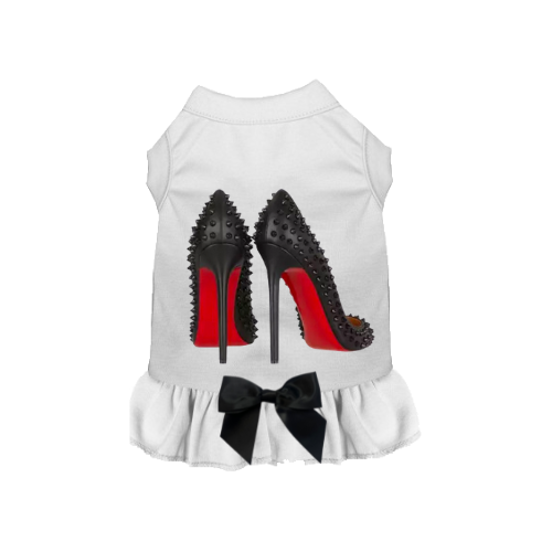 White dog dress with black bow hem and high-heel shoe graphic