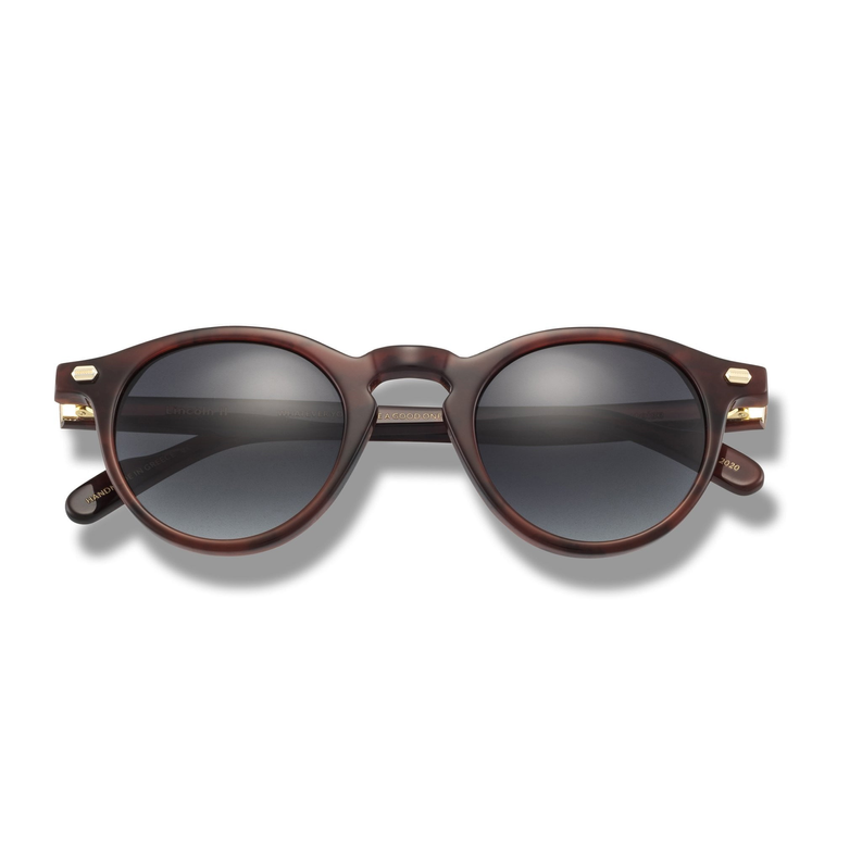 Brown round sunglasses with dark lenses and gold-tone temple accents