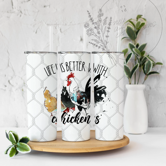 Stainless steel tumbler with rooster print and 'chicken's' text