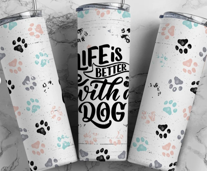 Paw-print stainless steel tumbler, white with teal/pink/black accents and dog quote