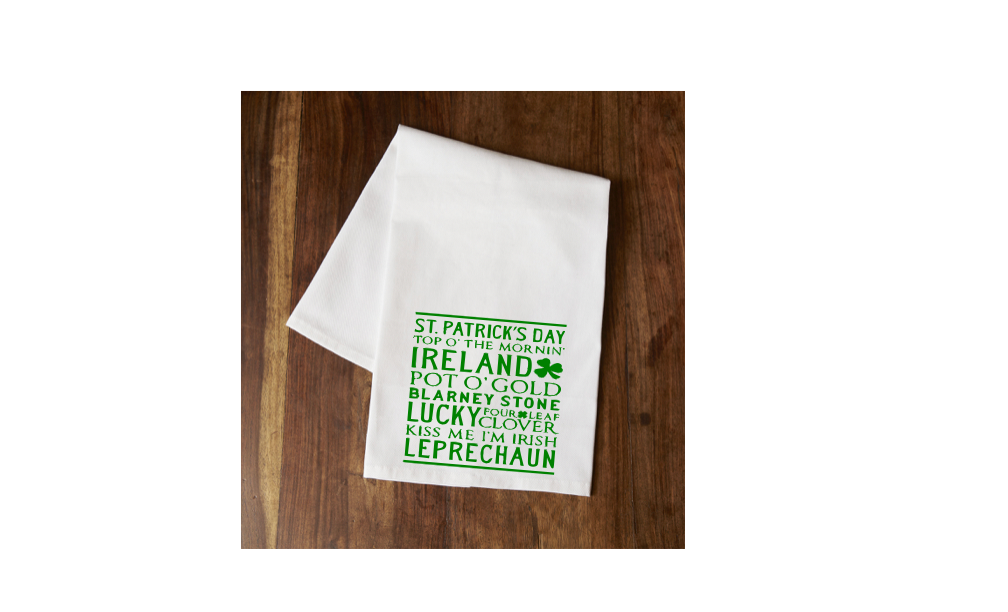 White tea towel with green Irish blessing quote text