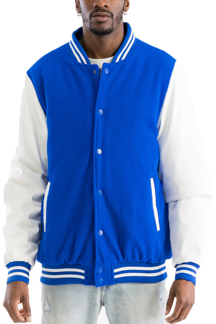 Royal blue melton Letterman jacket with striped rib trim and snap-button front
