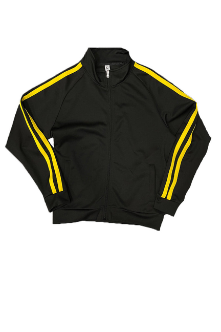 Black zip track jacket with yellow stripe bands on sleeves and stand collar
