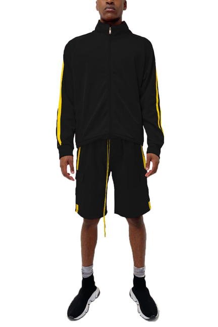 Mens cargo short set, black jacket and shorts with yellow stripe accents