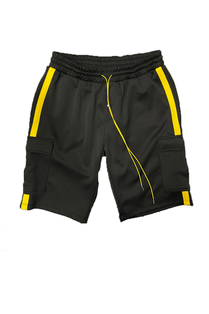 Black cargo shorts with yellow side stripe tape, elastic waist and side pockets