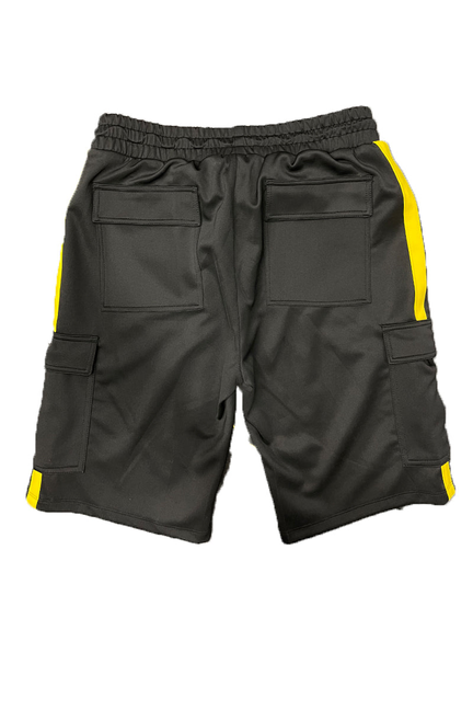 Black cargo shorts back view with yellow hem stripe tape and flap cargo pockets