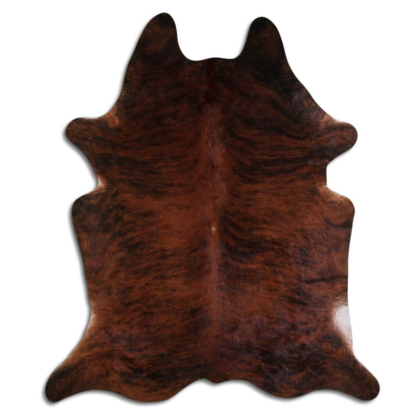 Brindle cowhide rug with natural fur, medium brown and dark mottled patches.