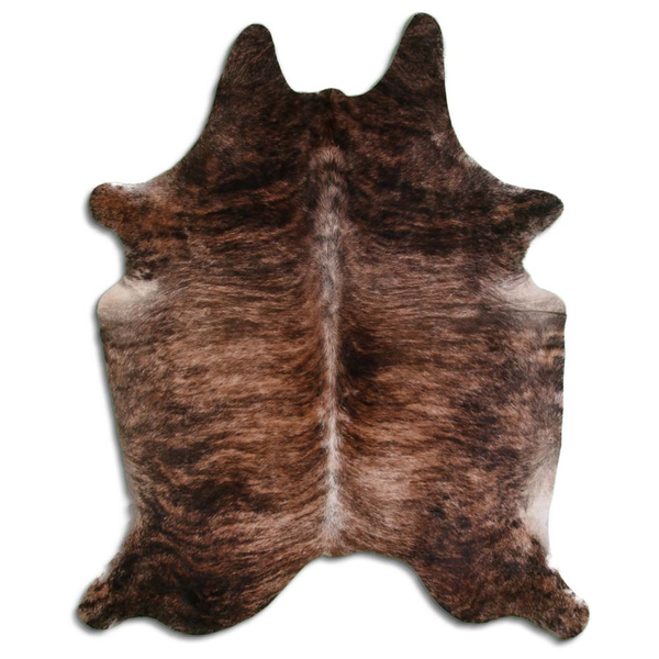 Natural cowhide rug with dark brown brindle hair, irregular hide pattern