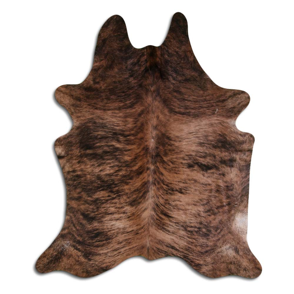 Natural hair cowhide rug in medium brindle brown and dark patches