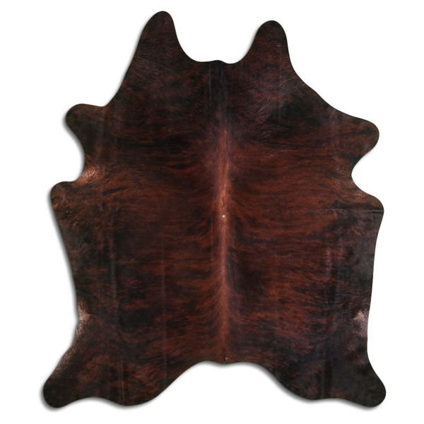 Natural hair on cowhide rug, medium brindle dark brown mottled hide