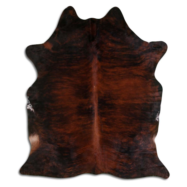Hair-on cowhide rug with dark brown and rust brindle pattern