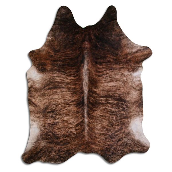Brindle cowhide rug with natural hair, mottled brown and tan patchwork