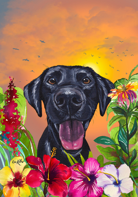 Black Labrador - Hippie Hound Studios Tropical Summer  House and Garden Flags - Outdoor's