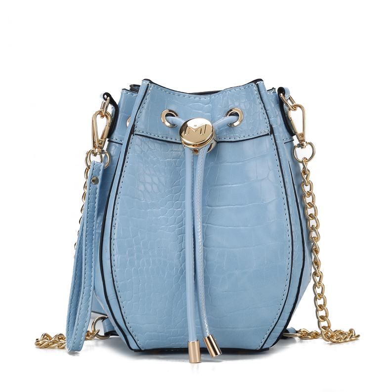 Light blue crocodile-embossed hobo bucket bag, drawstring cinch, gold chain strap